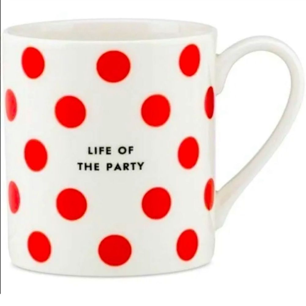 Kate spade mug new in the box 100oz white and red “Life of the Party “